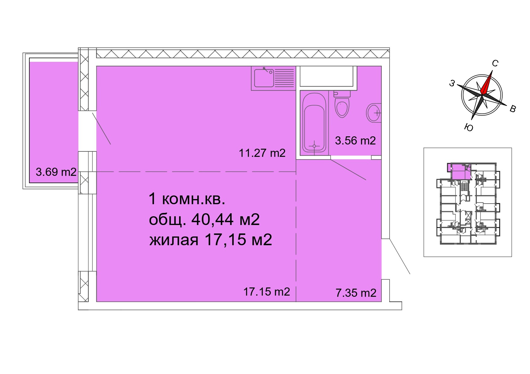 1 комнатная квартира, 40.44 м²