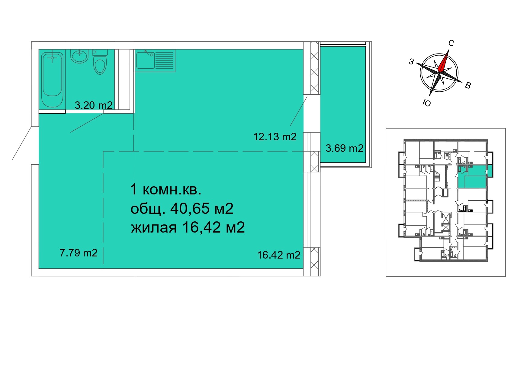 1 комнатная квартира, 40.65 м²