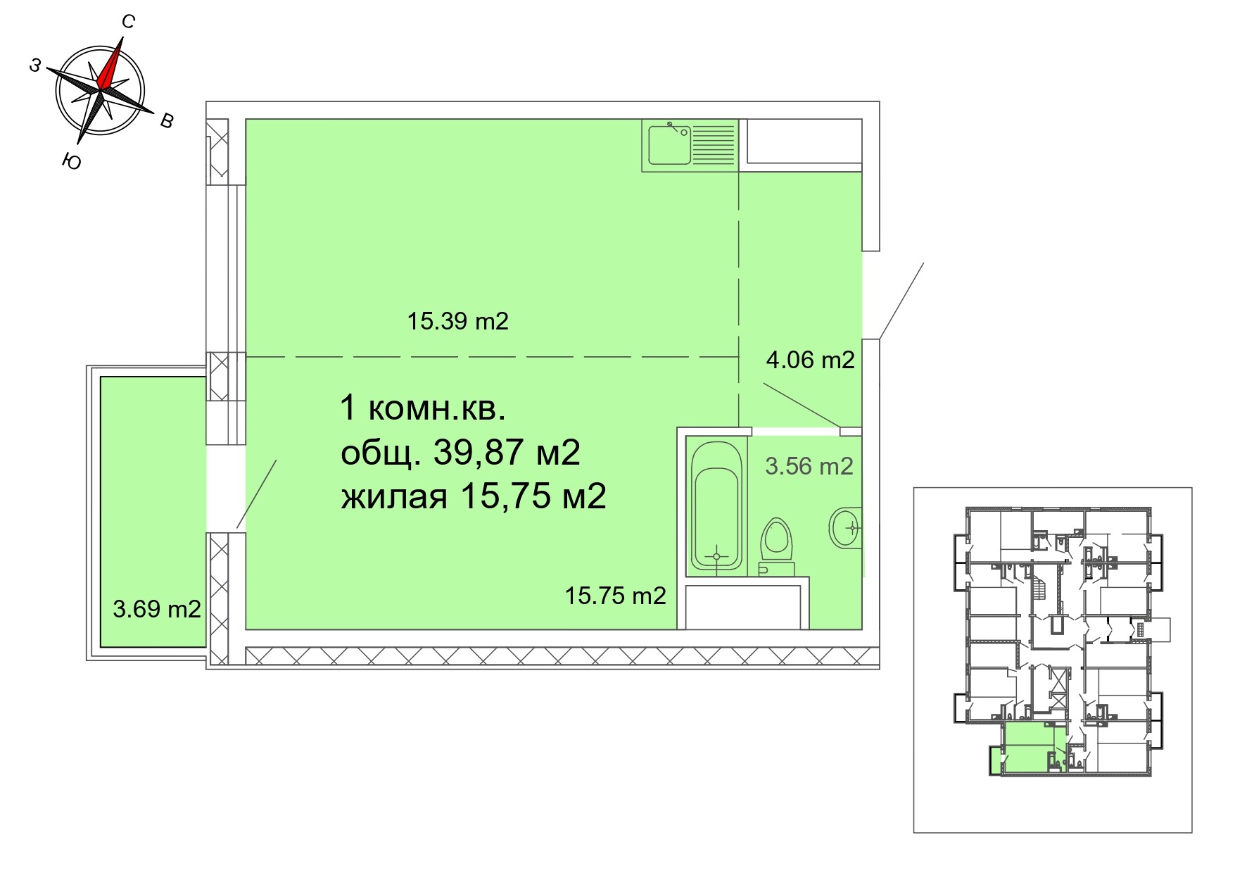 1 комнатная квартира, 39.87 м²