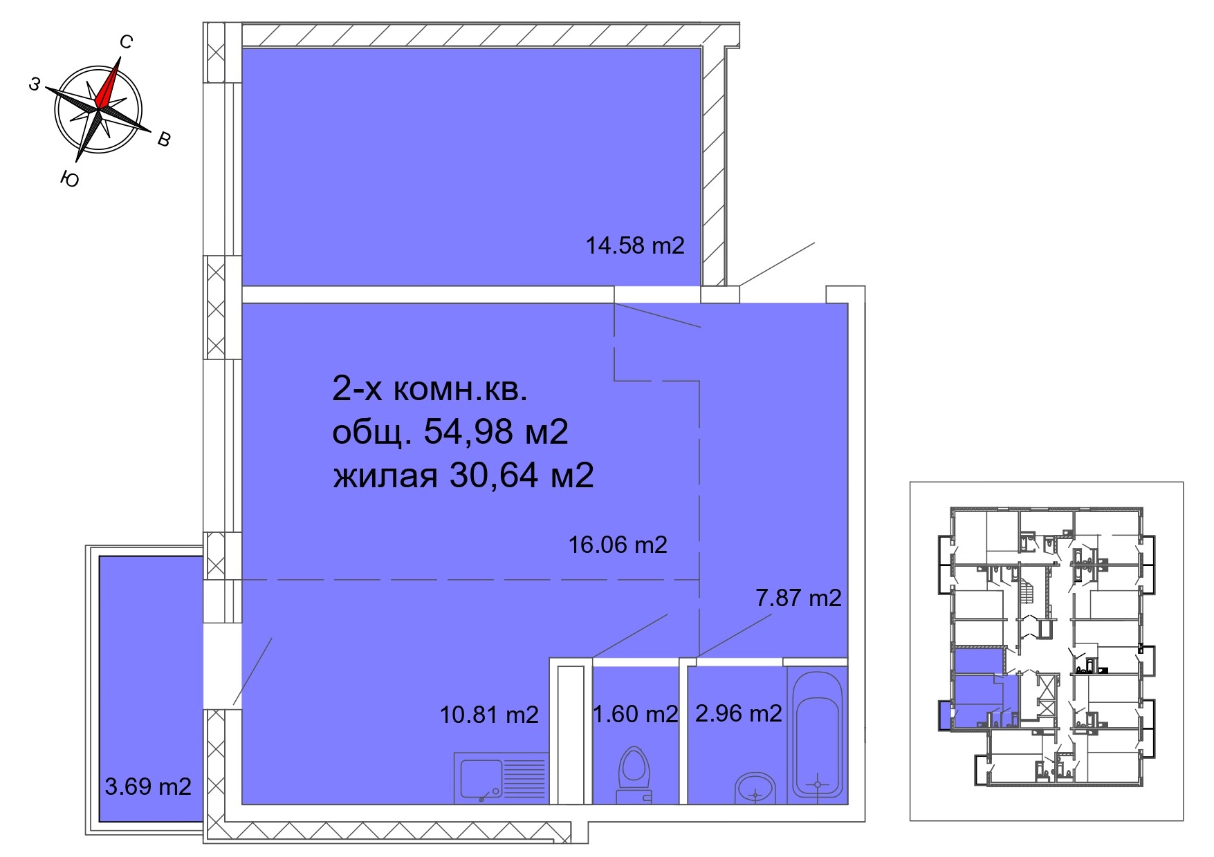 2 комнатная квартира, 54.98 м²