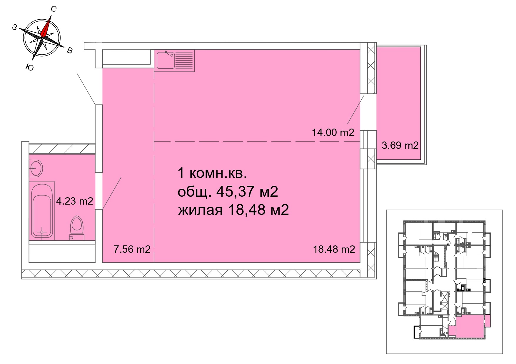 1 комнатная квартира, 45.37 м²